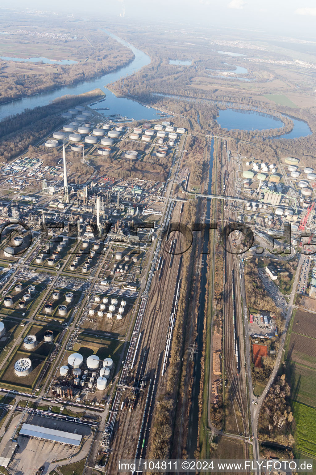 Drone image of MIRO oil refinery in the district Knielingen in Karlsruhe in the state Baden-Wuerttemberg, Germany