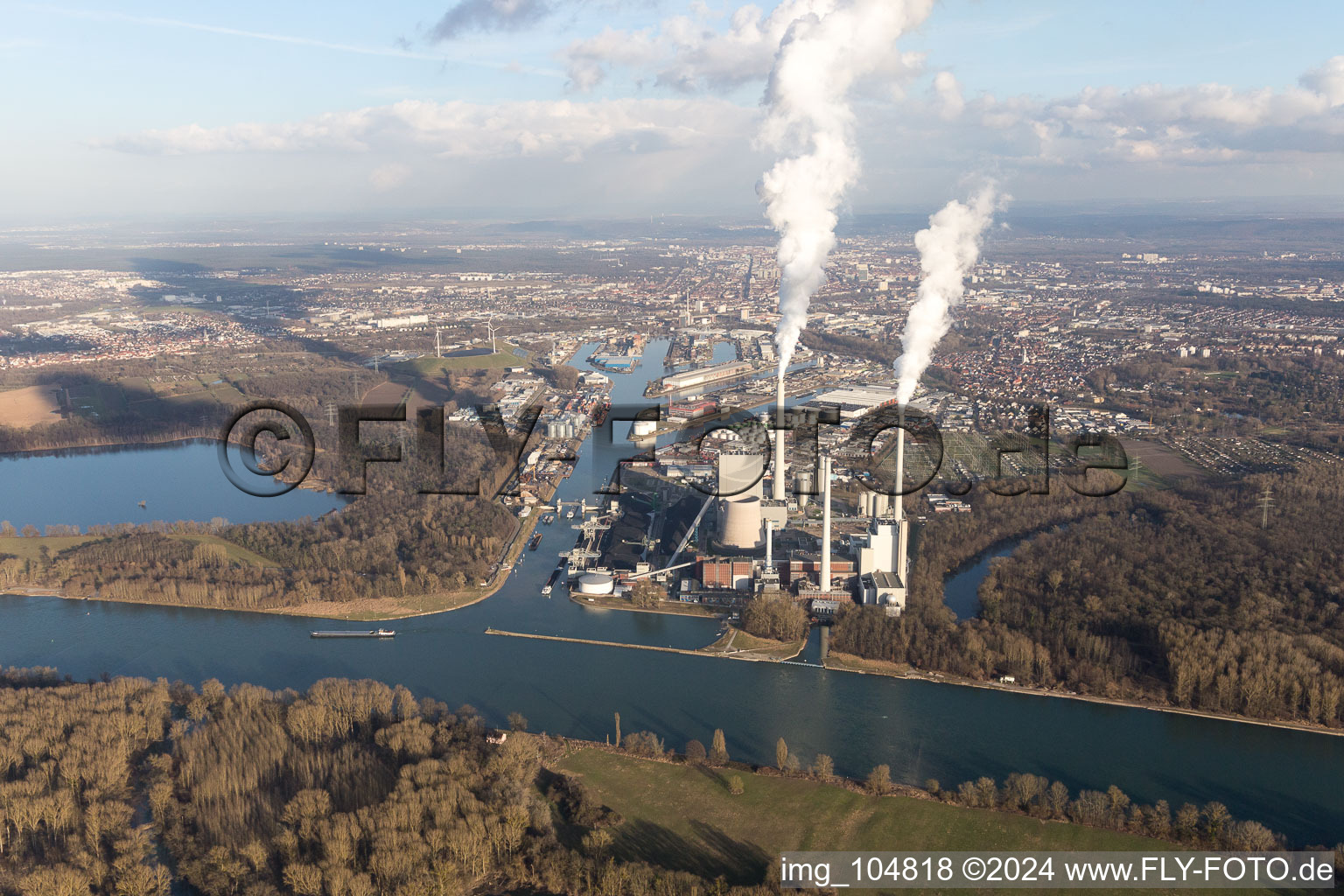 Aerial view of Rhine port in the district Daxlanden in Karlsruhe in the state Baden-Wuerttemberg, Germany