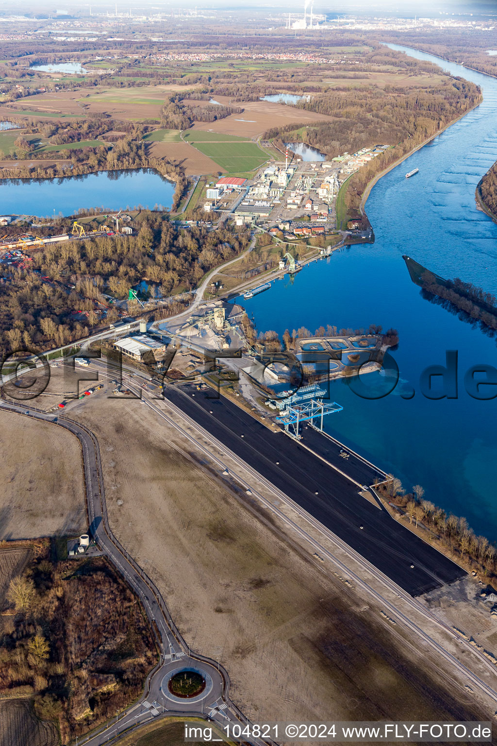 Wharves and piers with ship loading terminals in the new inner harbor at the Rhine river in Lauterbourg in Grand Est, France