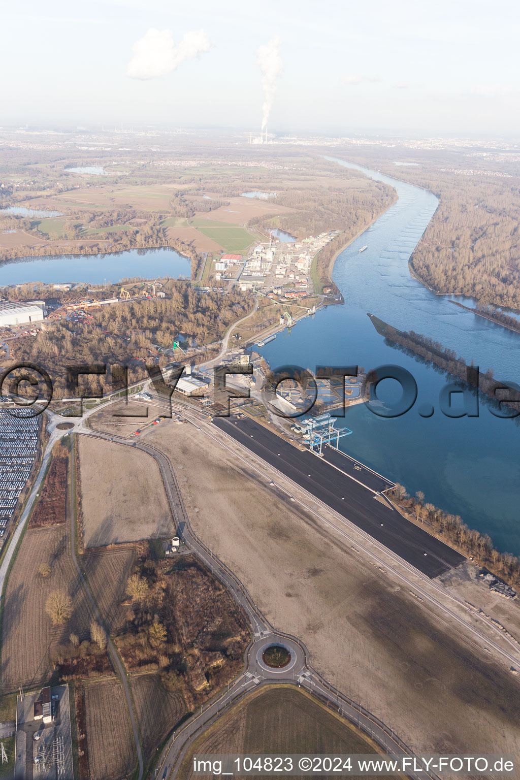 Aerial view of New Rhine port in Lauterbourg in the state Bas-Rhin, France