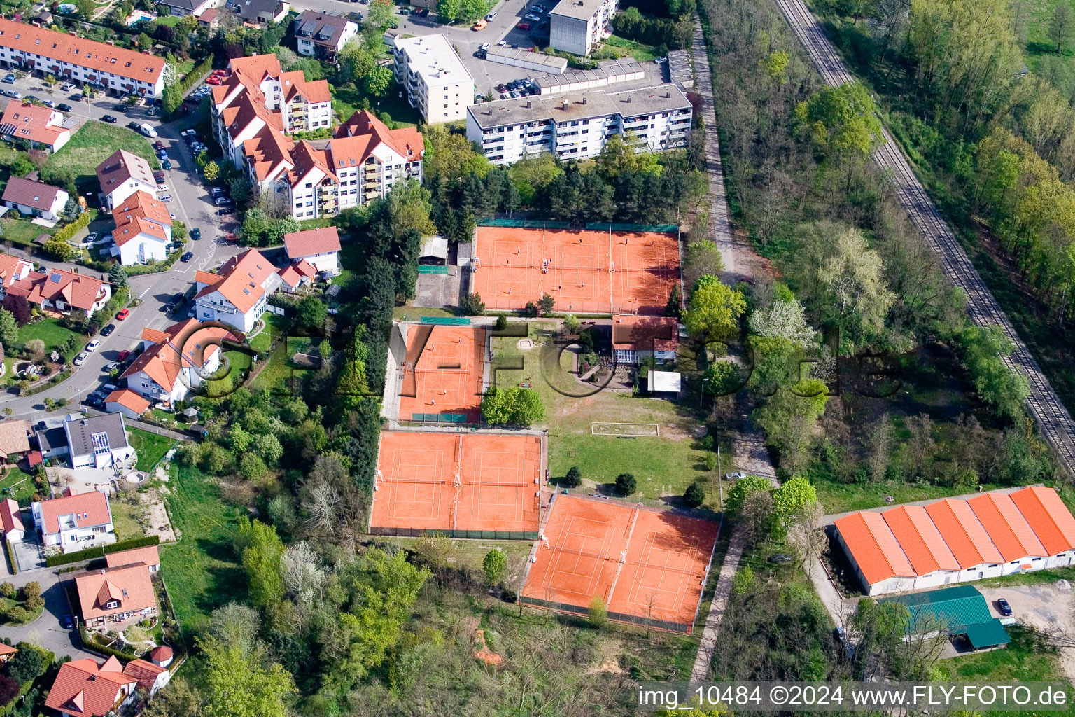 Tennis club in Jockgrim in the state Rhineland-Palatinate, Germany from above