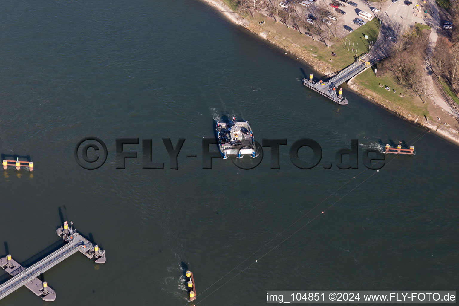 Aerial view of Ride a ferry ship Solar-Rhine ferry in Plittersdorf in the state Baden-Wurttemberg, Germany