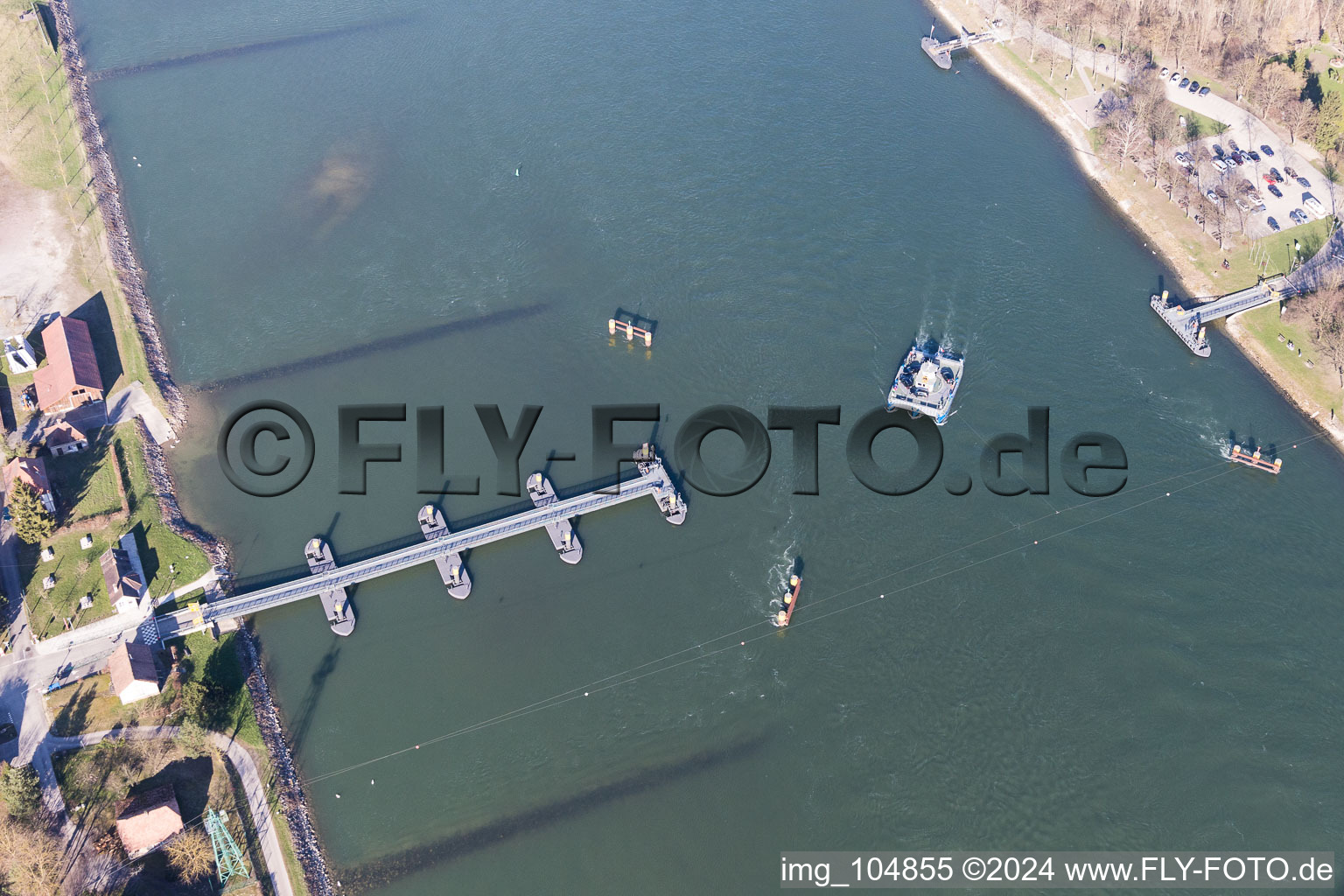 Aerial photograpy of Ride a ferry ship Solar-Rhine ferry in Plittersdorf in the state Baden-Wurttemberg, Germany