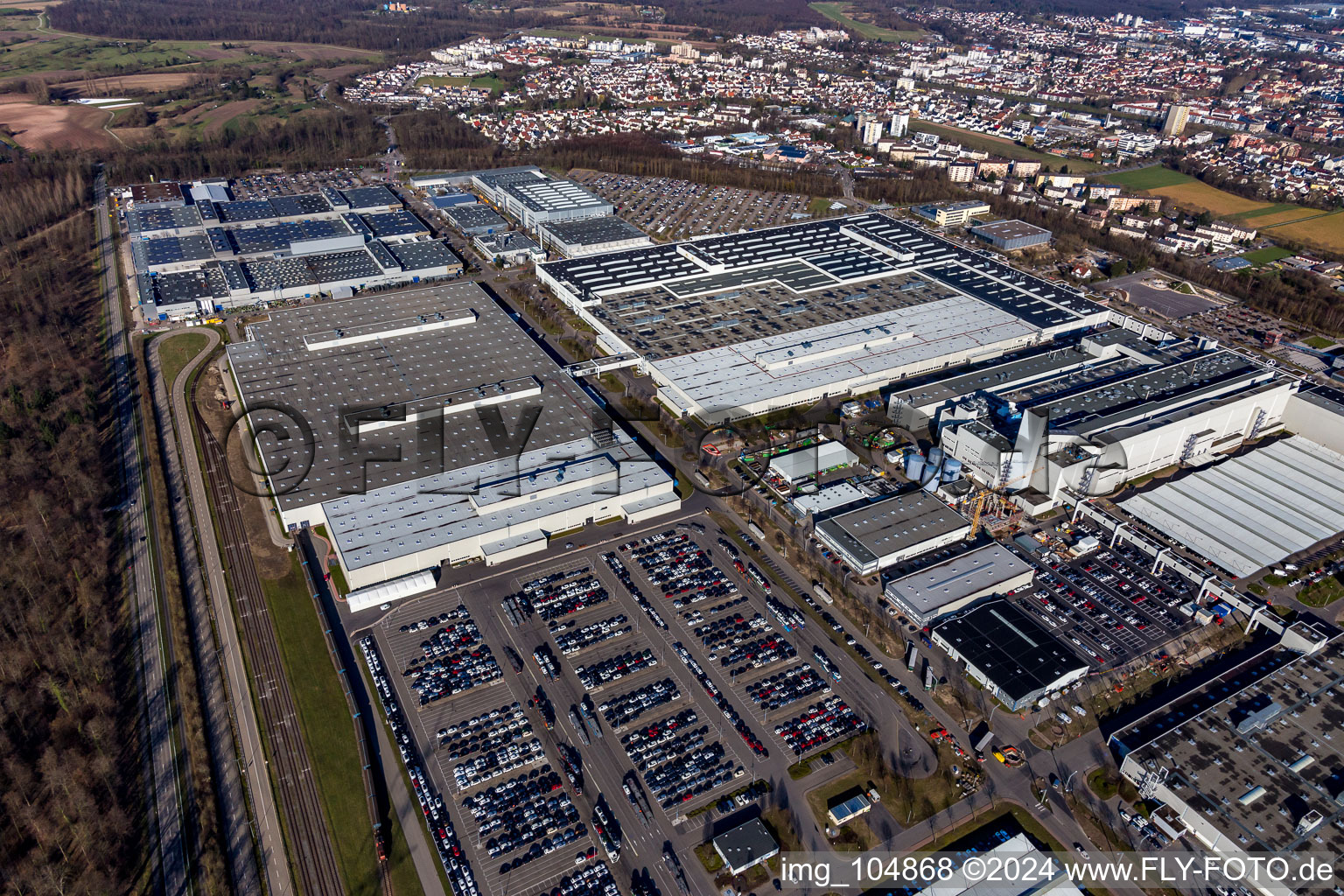 Buildings and production halls on the vehicle construction site of Merceof-Benz factory Rastatt in Rastatt in the state Baden-Wurttemberg, Germany