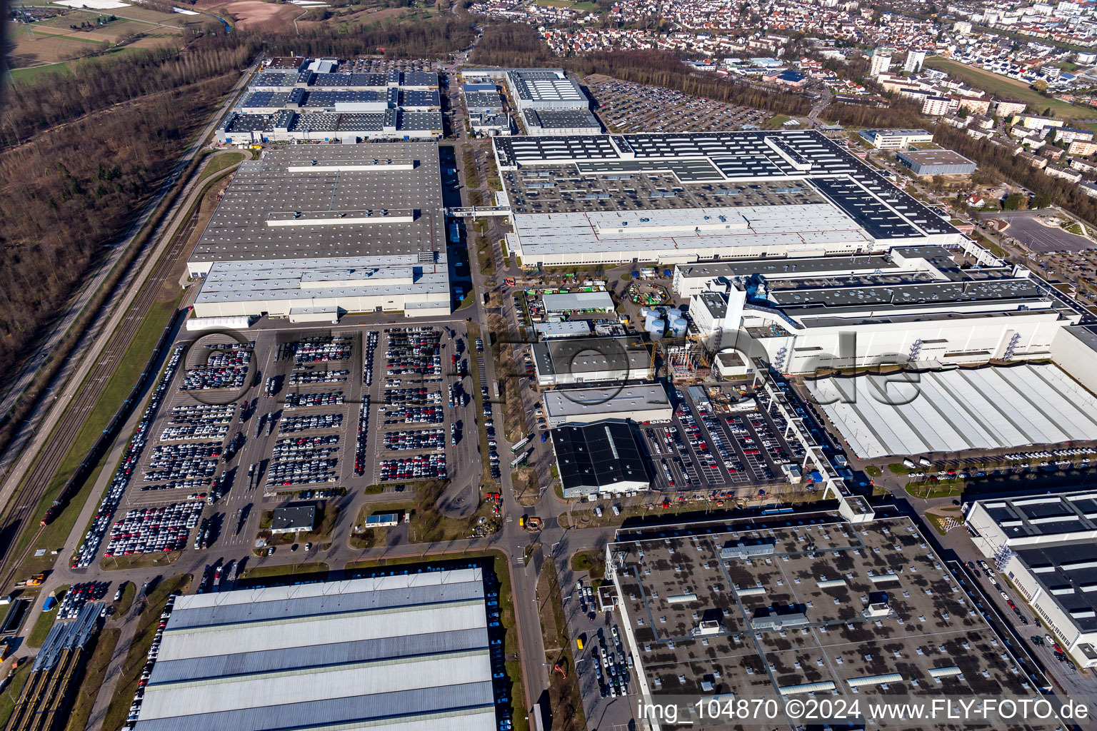 Aerial view of Buildings and production halls on the vehicle construction site of Merceof-Benz factory Rastatt in Rastatt in the state Baden-Wurttemberg, Germany