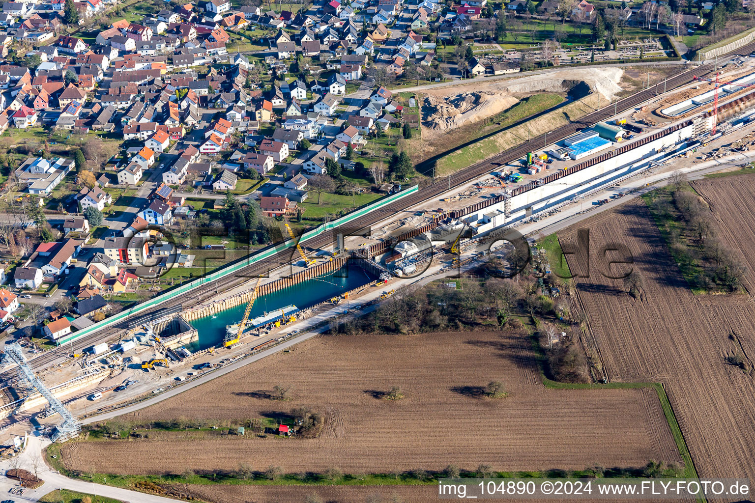 Aerial photograpy of ICE route construction site with concrete coffin in the district Niederbühl in Rastatt in the state Baden-Wuerttemberg, Germany