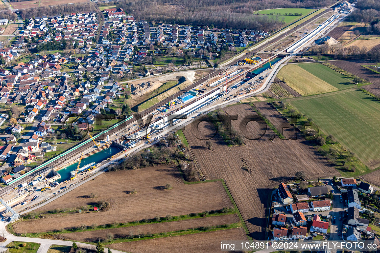 Oblique view of ICE route construction site with concrete coffin in the district Niederbühl in Rastatt in the state Baden-Wuerttemberg, Germany