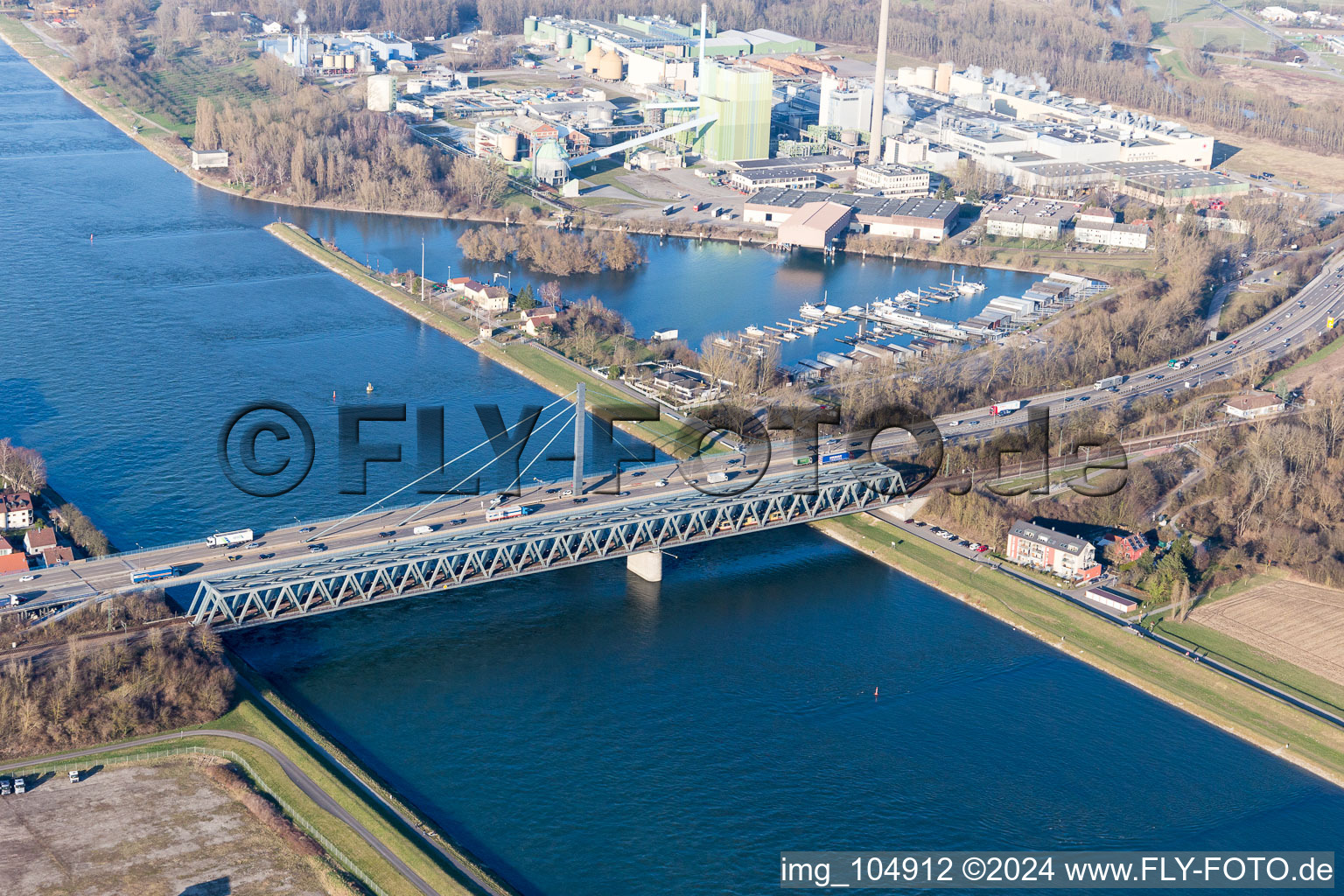 Aerial view of Rhine bridges in the district Maximiliansau in Wörth am Rhein in the state Rhineland-Palatinate, Germany