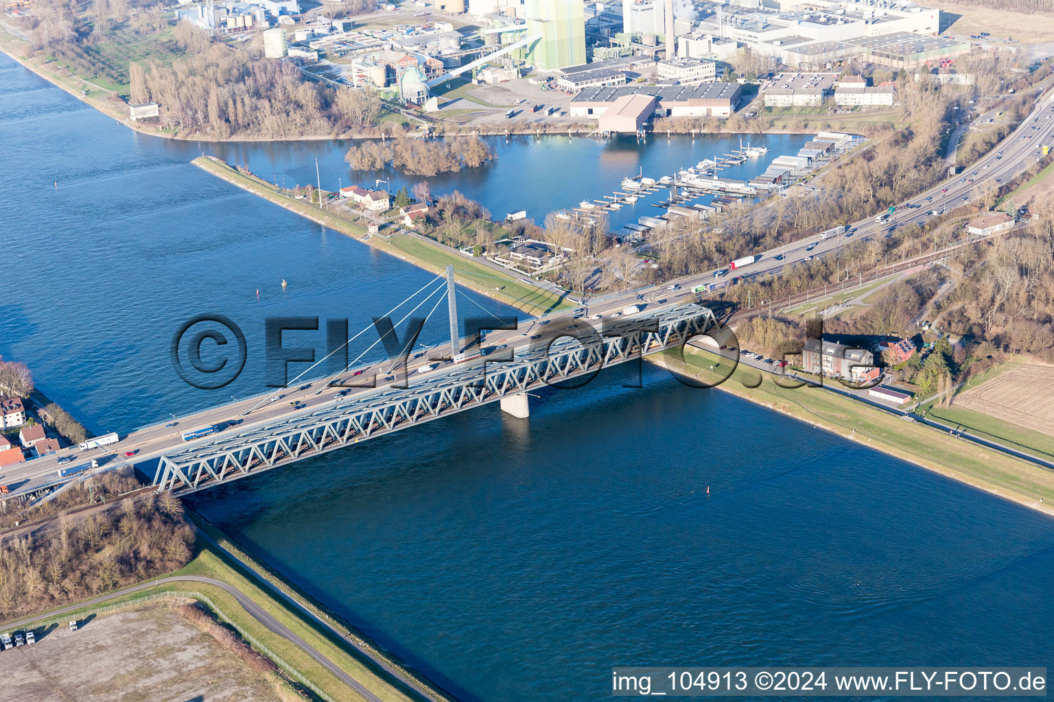 Aerial photograpy of Rhine bridges in the district Maximiliansau in Wörth am Rhein in the state Rhineland-Palatinate, Germany