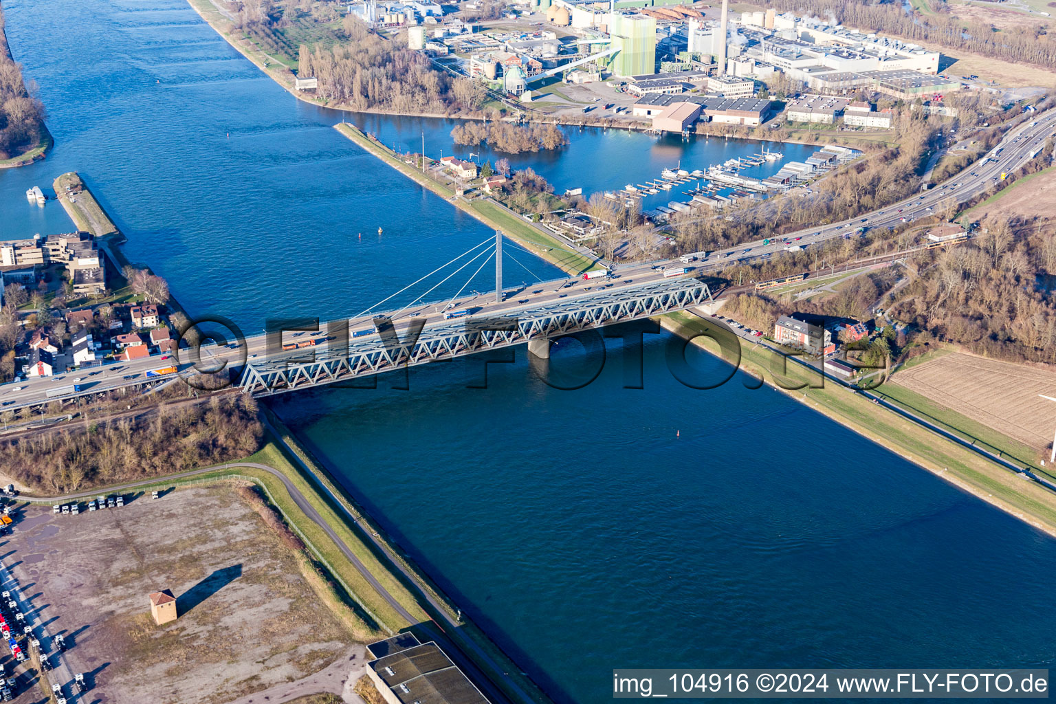 Oblique view of Rhine bridges in the district Maximiliansau in Wörth am Rhein in the state Rhineland-Palatinate, Germany