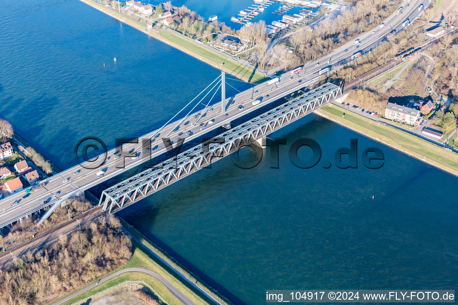 Rhine bridges in the district Maximiliansau in Wörth am Rhein in the state Rhineland-Palatinate, Germany from above