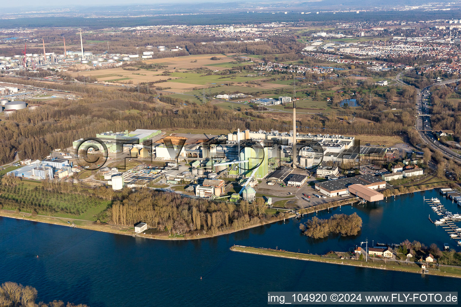 Building and production halls on the premises of Papierfabrik Stora Enso on the Rhine river in Karlsruhe in the state Baden-Wurttemberg, Germany