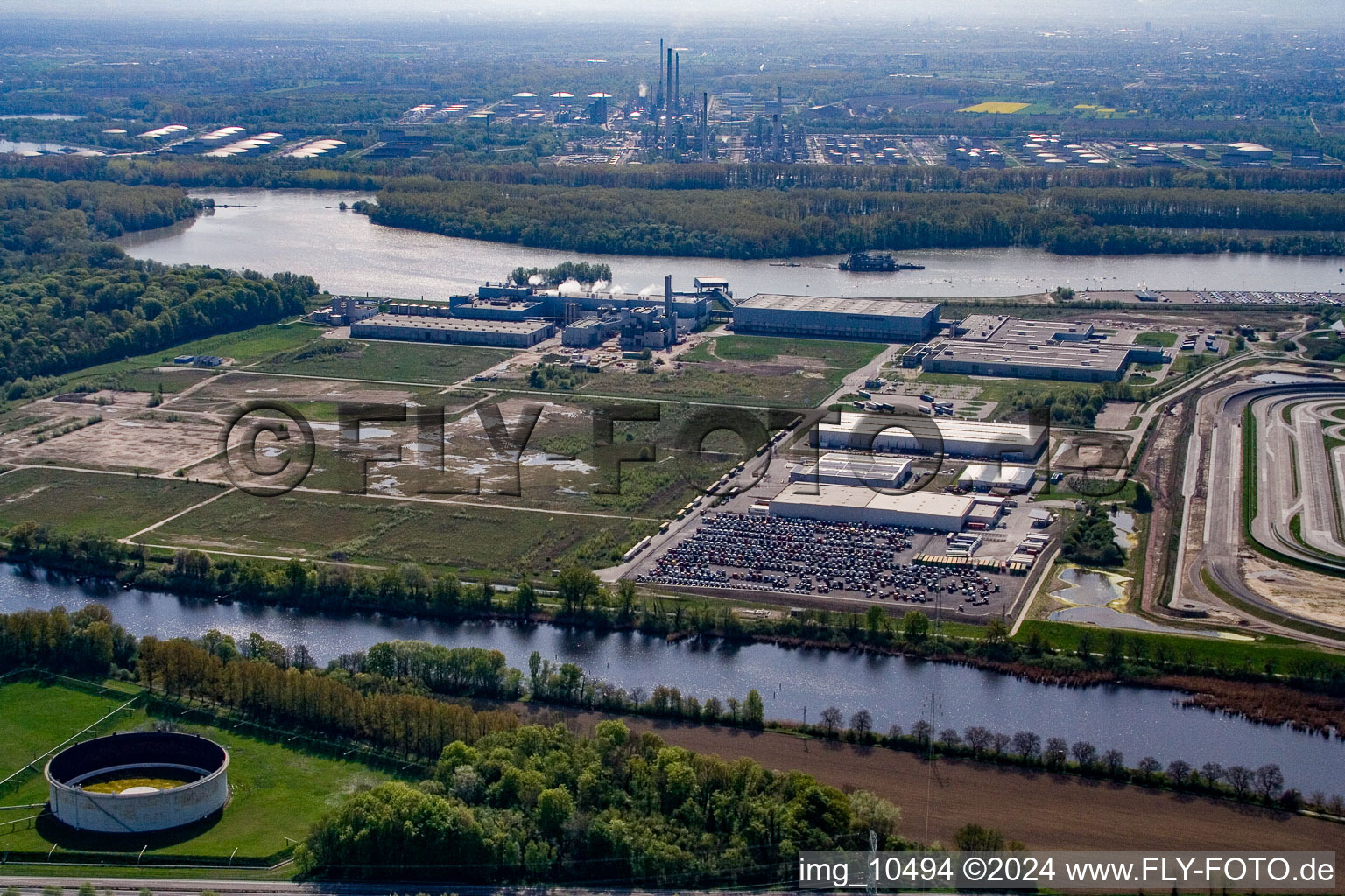 Aerial view of Oberwald industrial area from the west in Wörth am Rhein in the state Rhineland-Palatinate, Germany