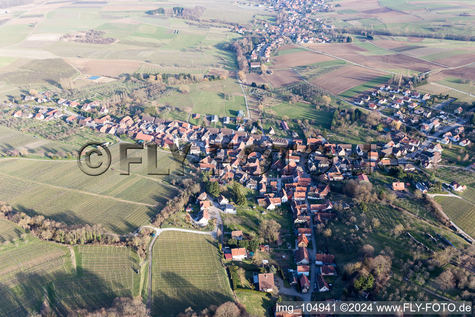 Aerial view of Oberhoffen-les-Wissembourg in Oberhoffen-lès-Wissembourg in the state Bas-Rhin, France