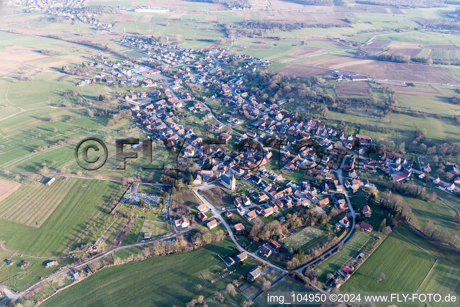 Preuschdorf in the state Bas-Rhin, France seen from a drone