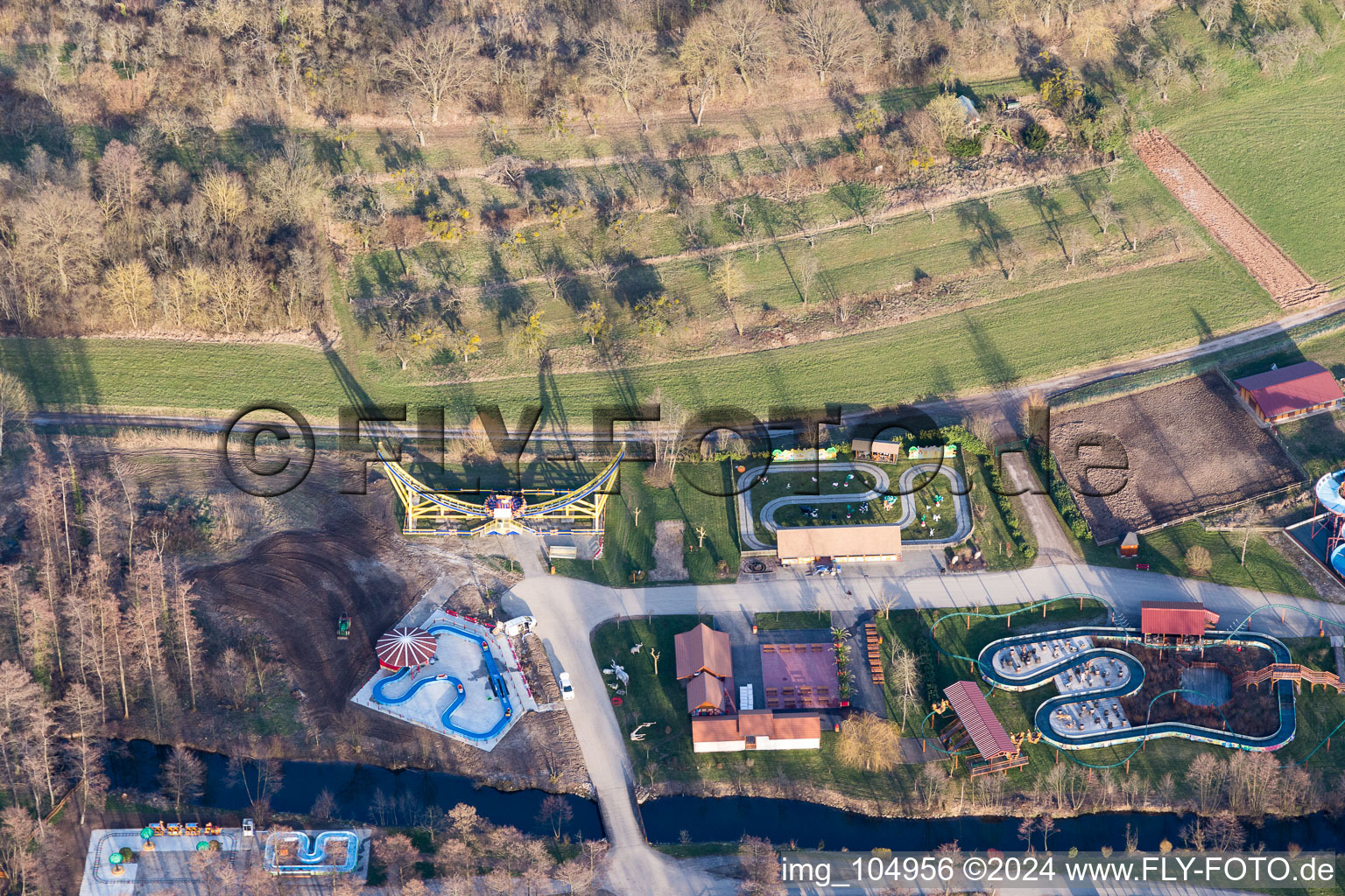 Aerial view of Gunstett, DIDILAND amusement park in Morsbronn-les-Bains in the state Bas-Rhin, France