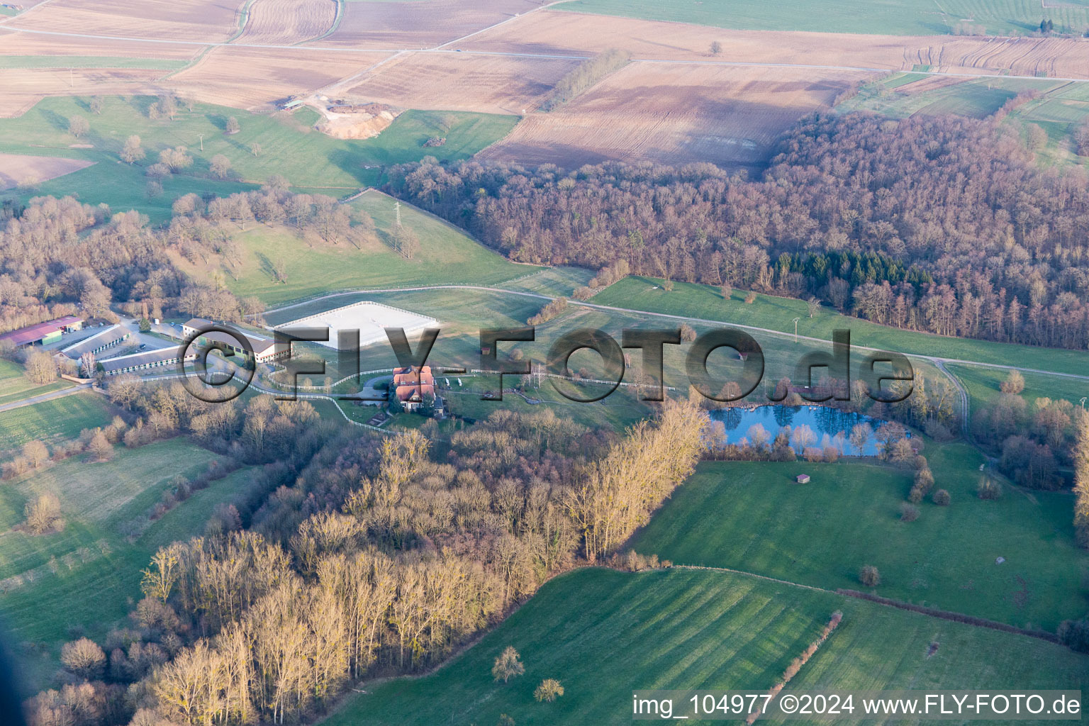 Am Froeschenberg, Haras Lerchenberg in Gundershoffen in the state Bas-Rhin, France seen from above