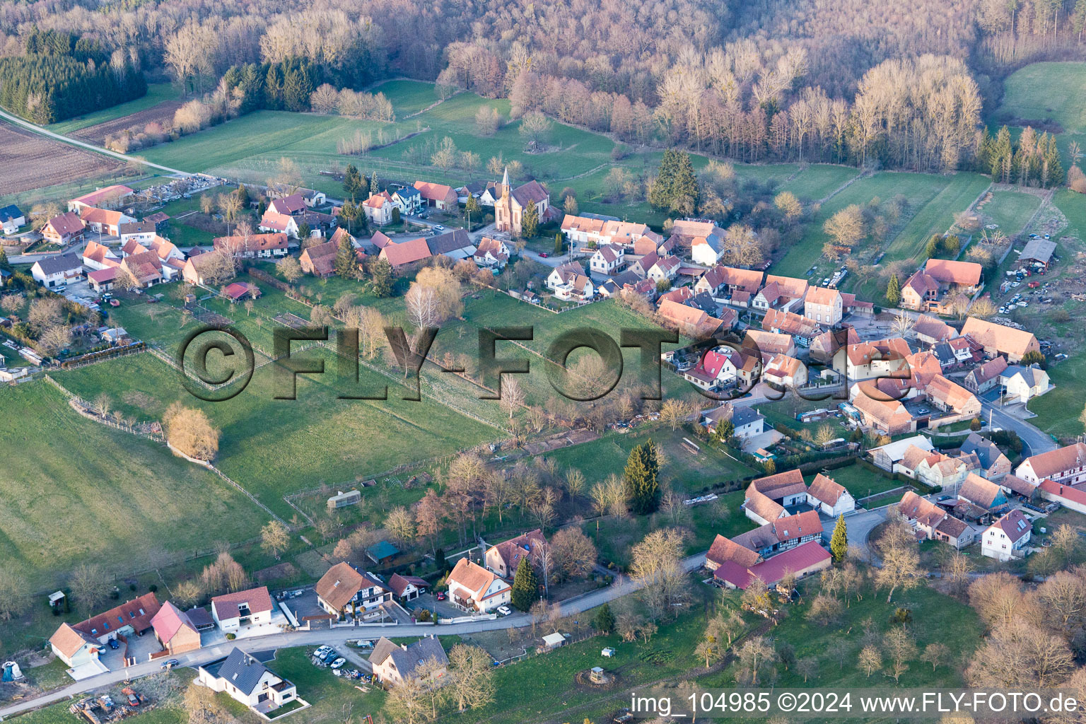 Aerial view of Eberbach in Gundershoffen in the state Bas-Rhin, France