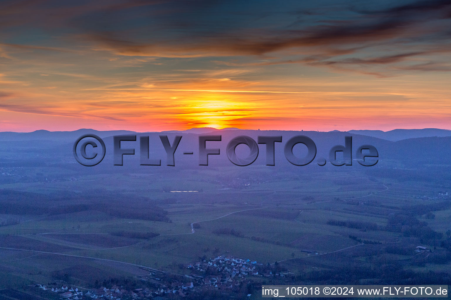 Sunset over the countryside of Nord-Vogesen in Ingolsheim in Grand Est, France