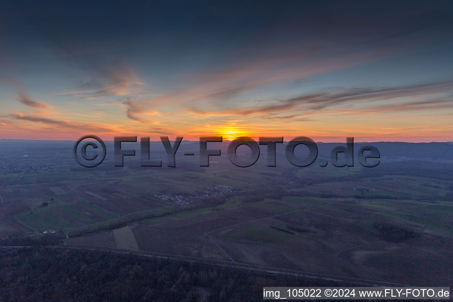 Sunset over the Northern Vosges in Seebach in the state Bas-Rhin, France