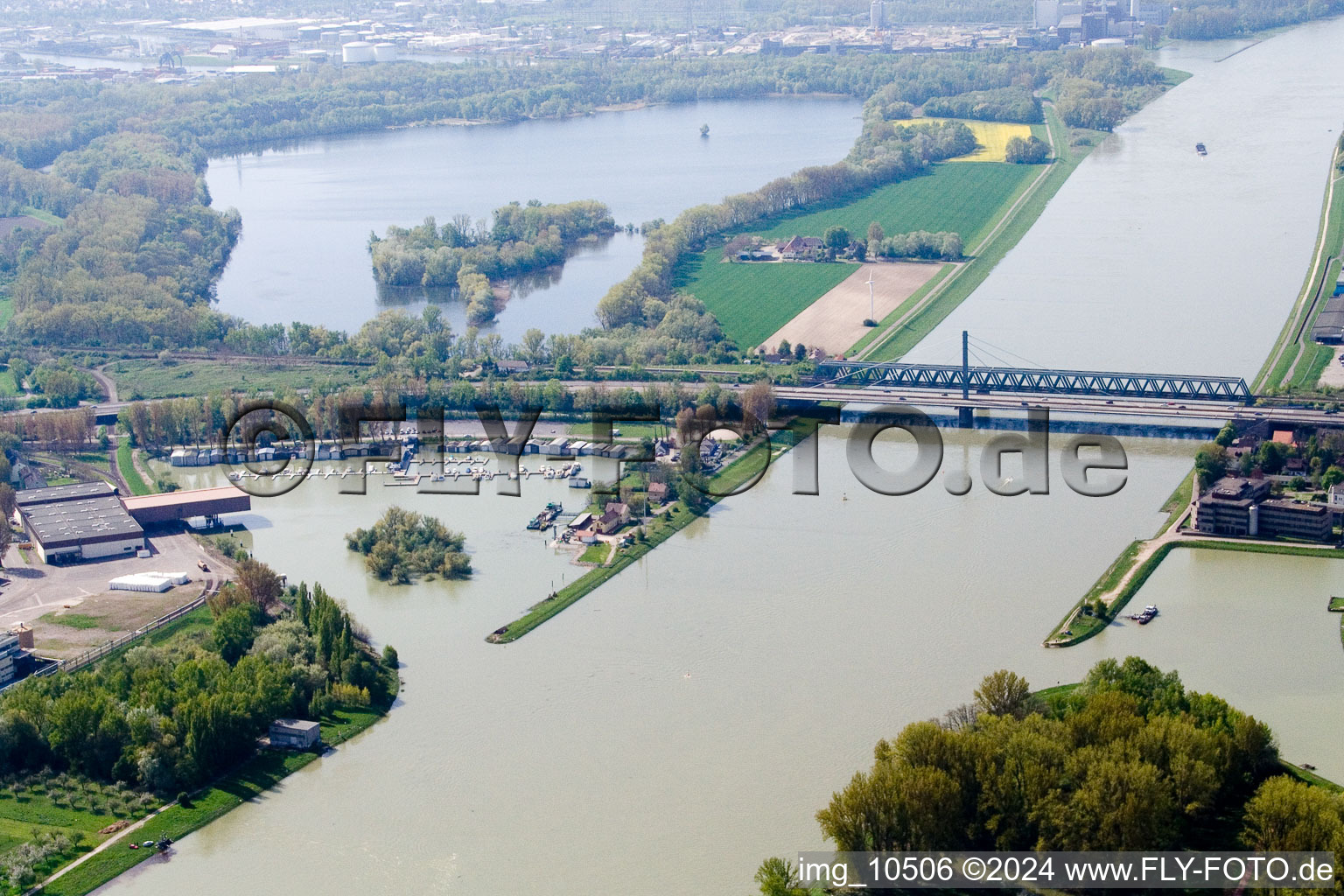 Maxau, Rhine bridge and marina in the district Knielingen in Karlsruhe in the state Baden-Wuerttemberg, Germany