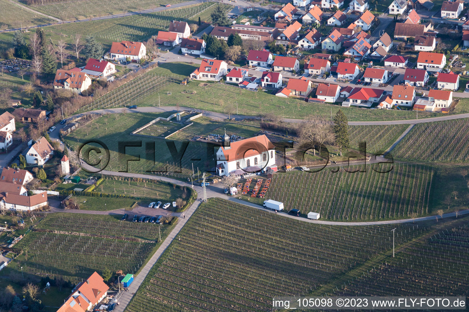 Aerial photograpy of St. Dionysius Chapel in the district Gleiszellen in Gleiszellen-Gleishorbach in the state Rhineland-Palatinate, Germany