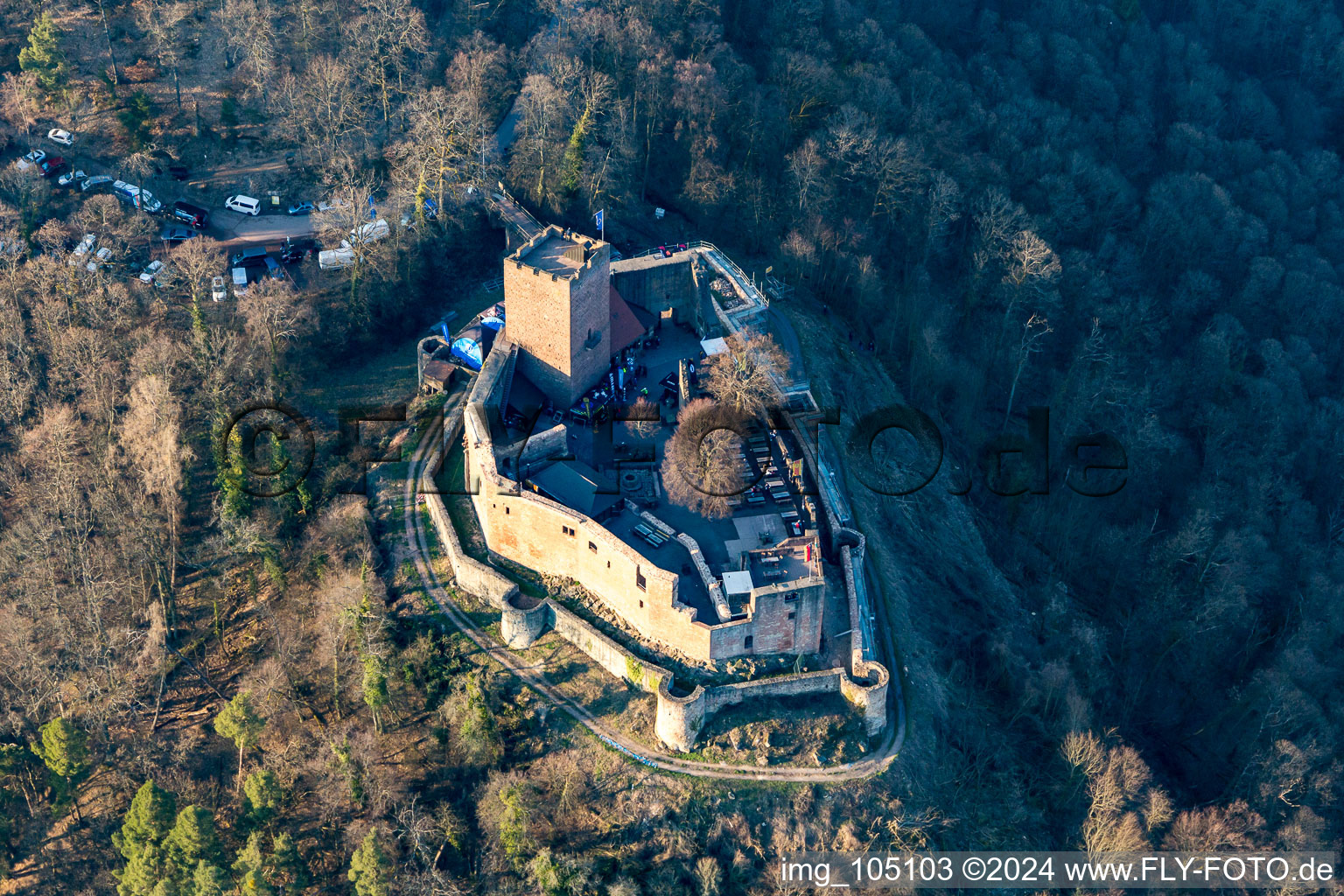 Aerial view of Landeck castle ruins in Klingenmünster in the state Rhineland-Palatinate, Germany