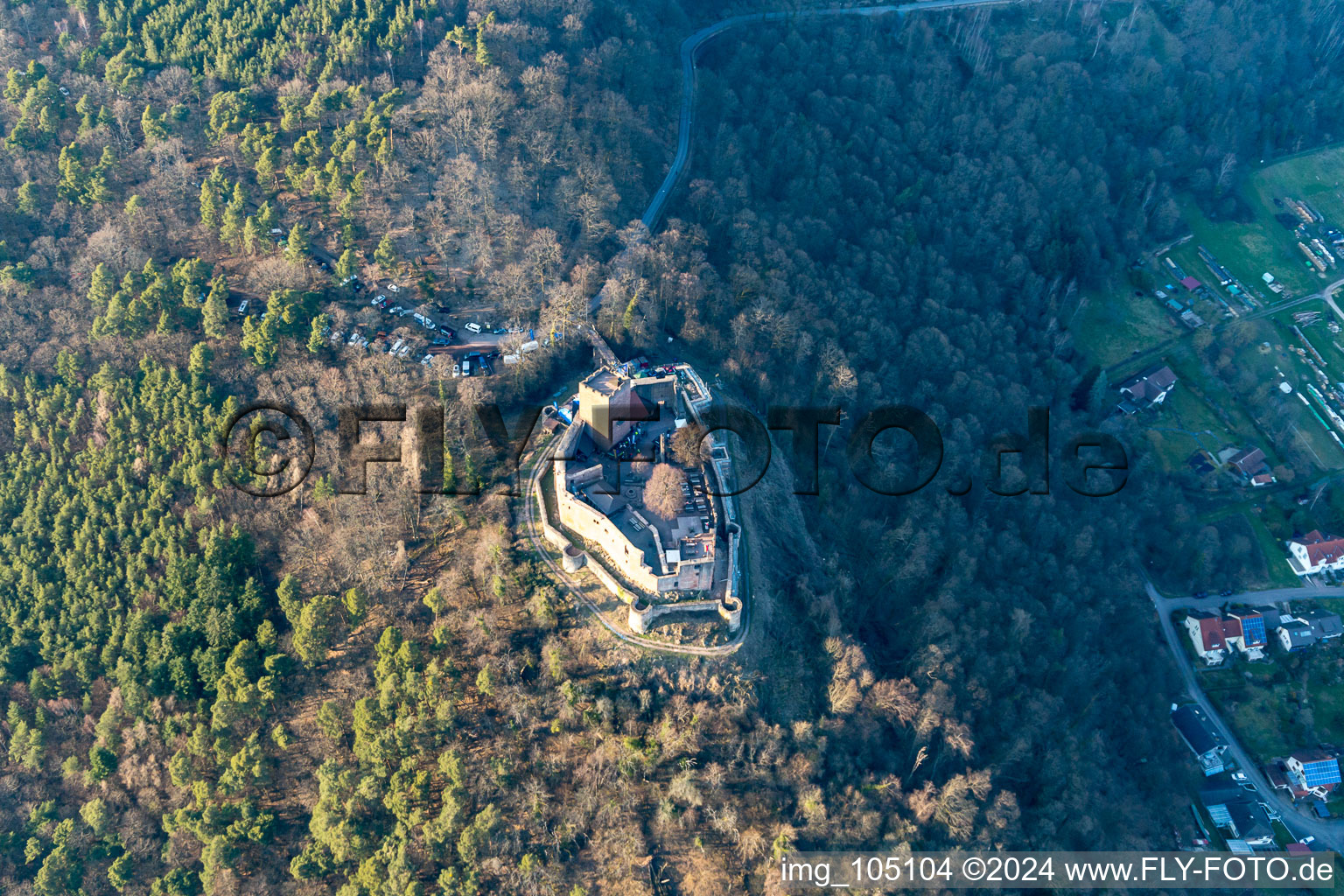 Aerial photograpy of Landeck castle ruins in Klingenmünster in the state Rhineland-Palatinate, Germany