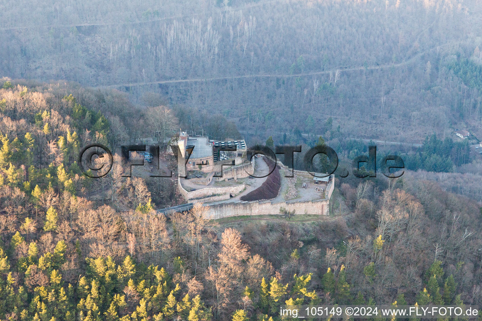 Aerial view of Rietburg in Rhodt unter Rietburg in the state Rhineland-Palatinate, Germany