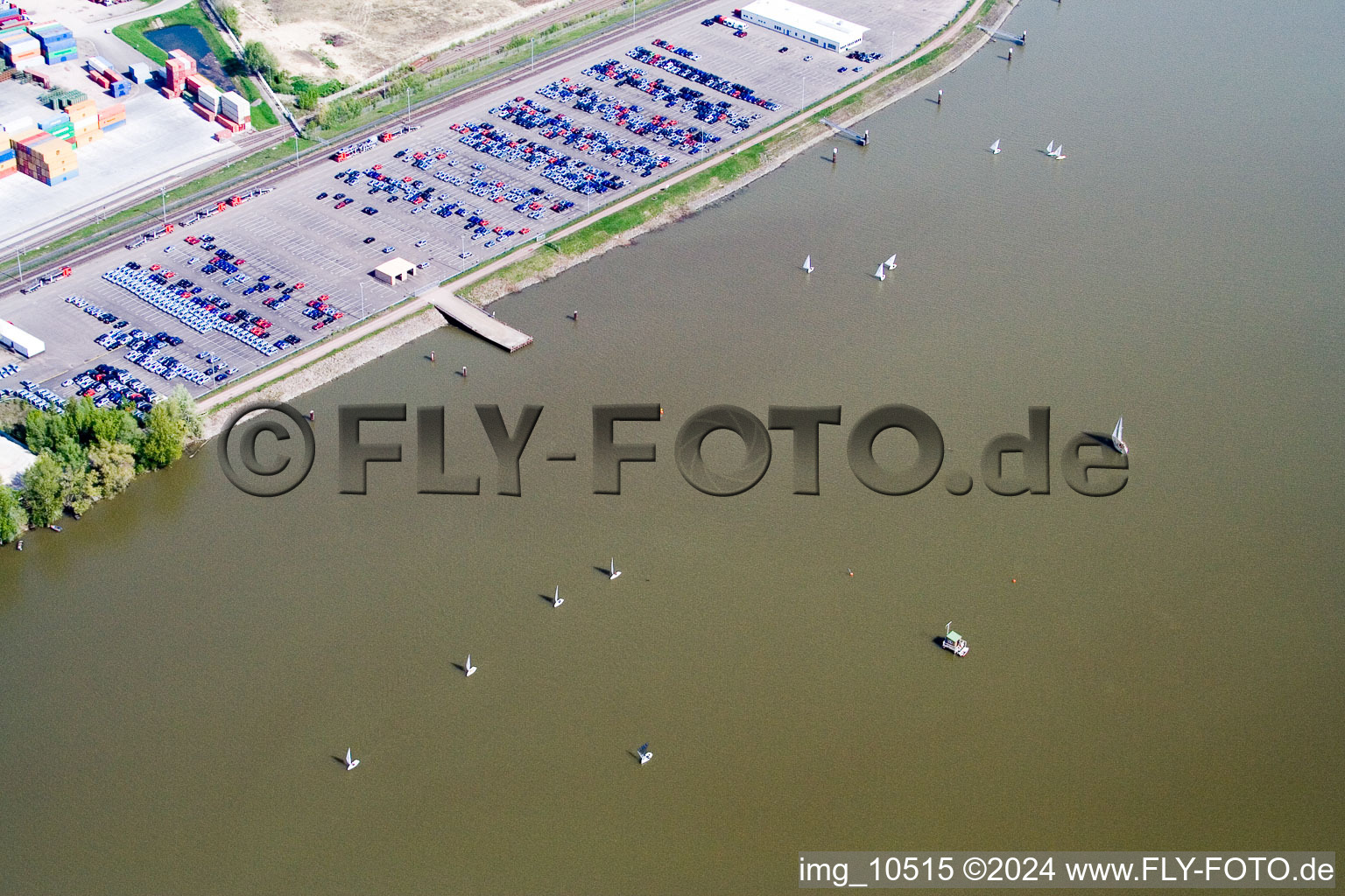 Aerial view of Rhine port in the district Maximiliansau in Wörth am Rhein in the state Rhineland-Palatinate, Germany