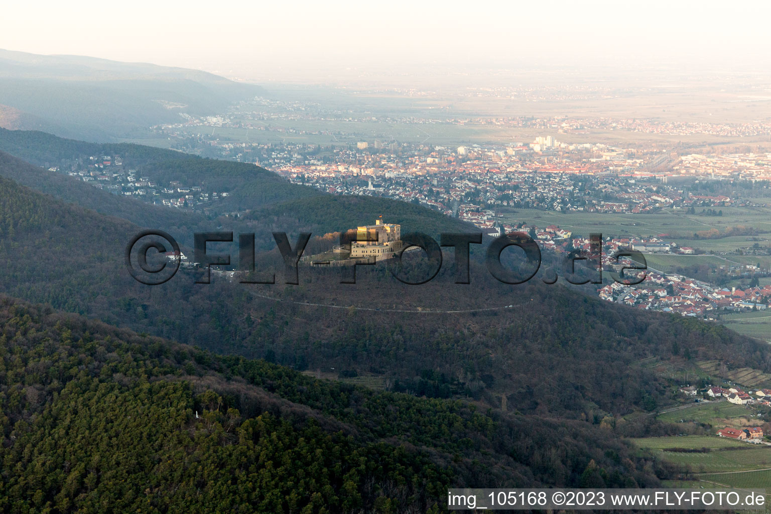 Oblique view of Hambach Castle in the district Diedesfeld in Neustadt an der Weinstraße in the state Rhineland-Palatinate, Germany