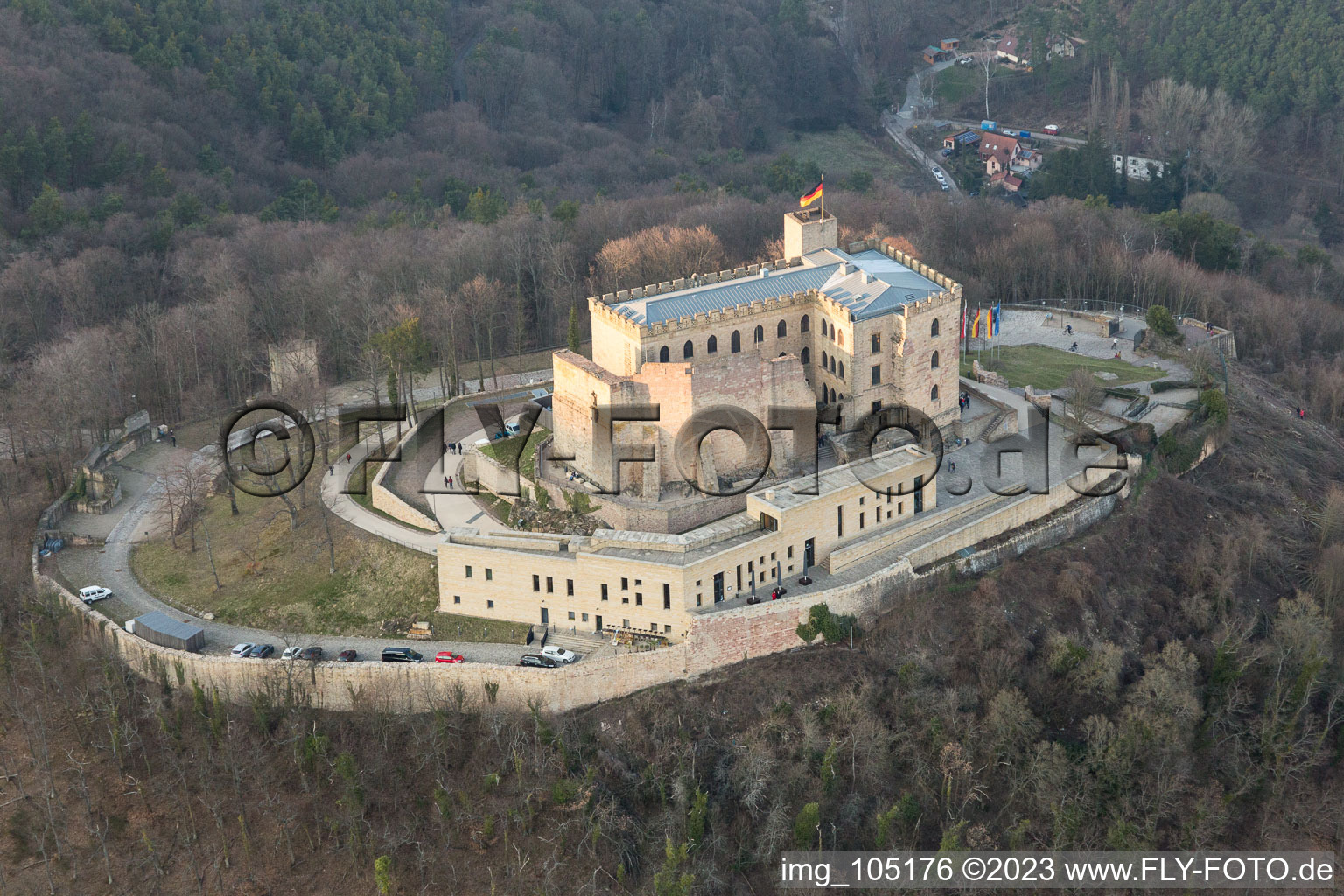 Aerial view of Oberhambach, Hambach Castle in the district Diedesfeld in Neustadt an der Weinstraße in the state Rhineland-Palatinate, Germany