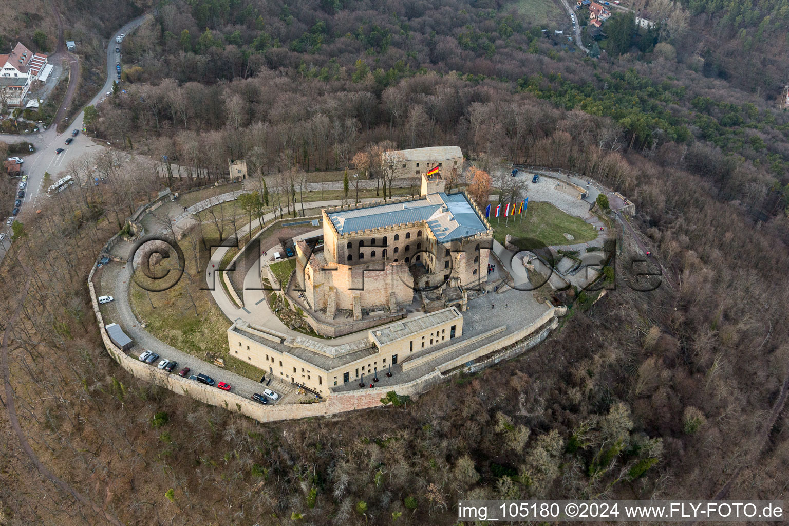 Oblique view of Oberhambach, Hambach Castle in the district Diedesfeld in Neustadt an der Weinstraße in the state Rhineland-Palatinate, Germany