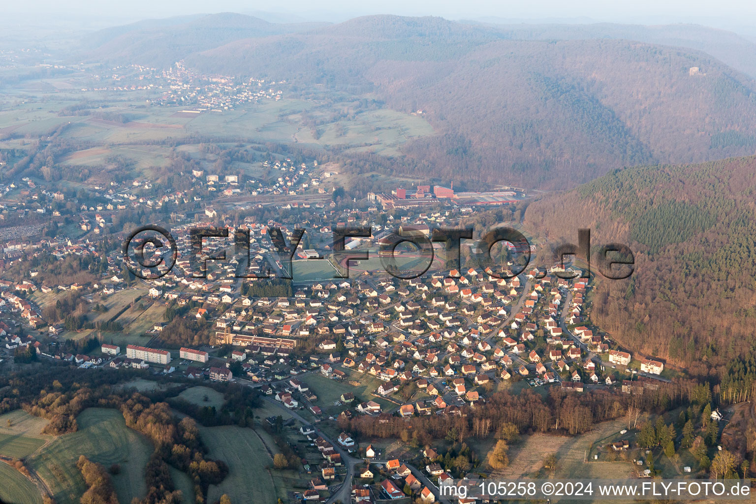 Bird's eye view of Niederbronn-les-Bains in the state Bas-Rhin, France