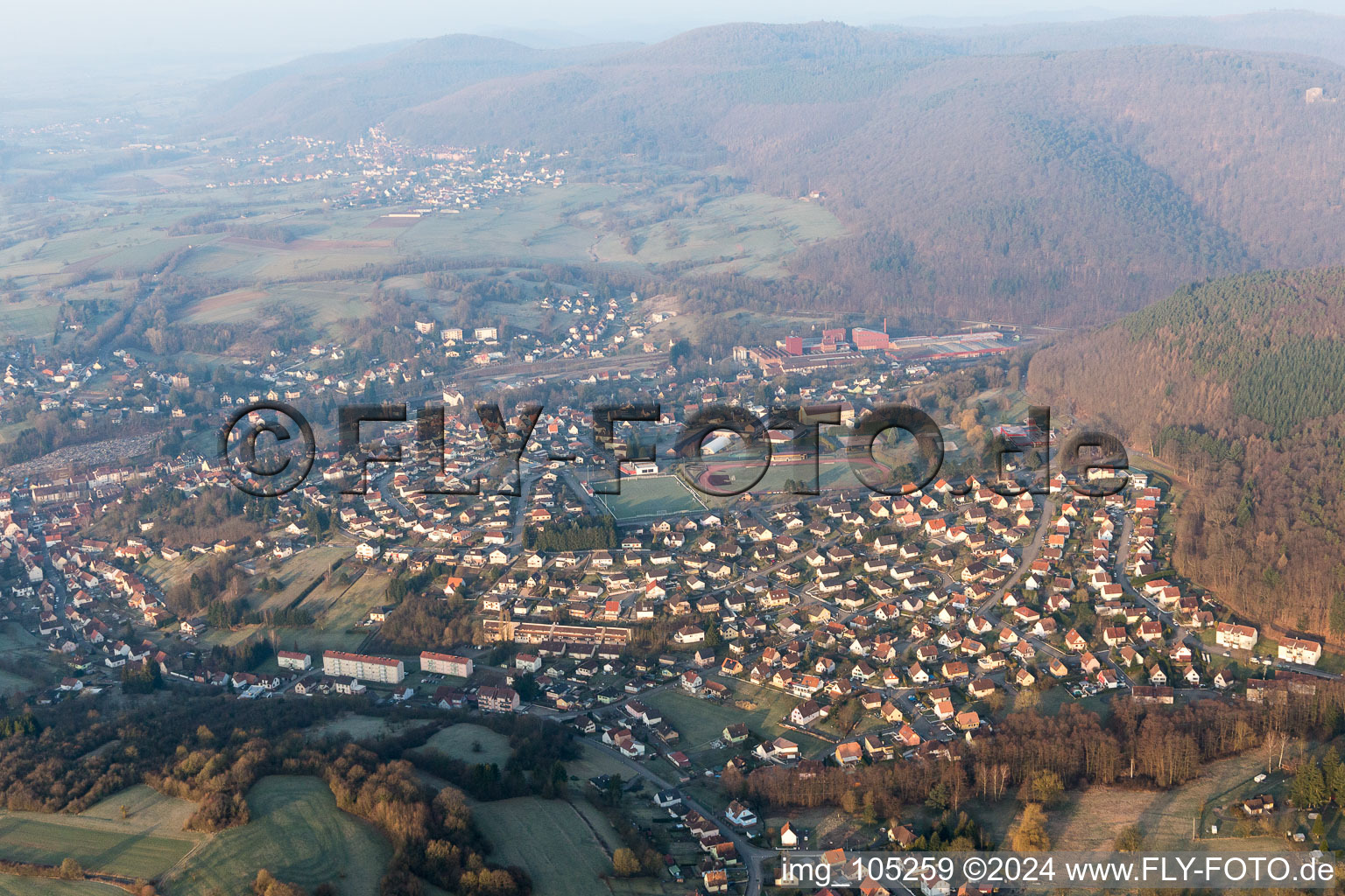 Niederbronn-les-Bains in the state Bas-Rhin, France viewn from the air