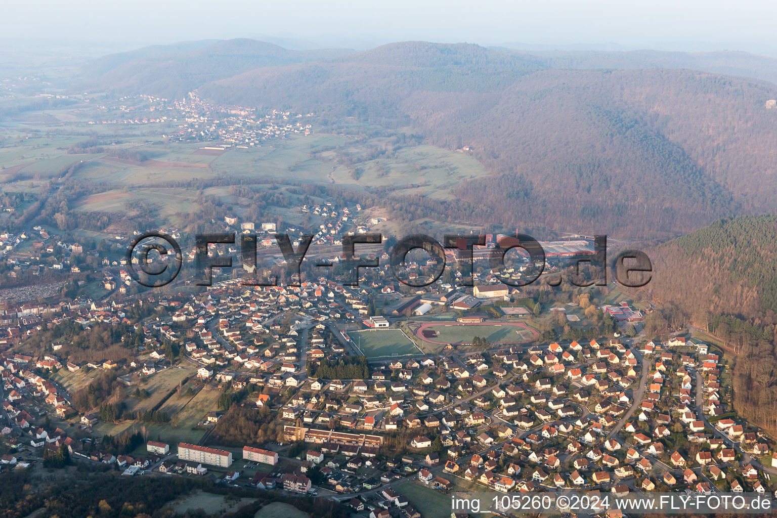 Drone recording of Niederbronn-les-Bains in the state Bas-Rhin, France