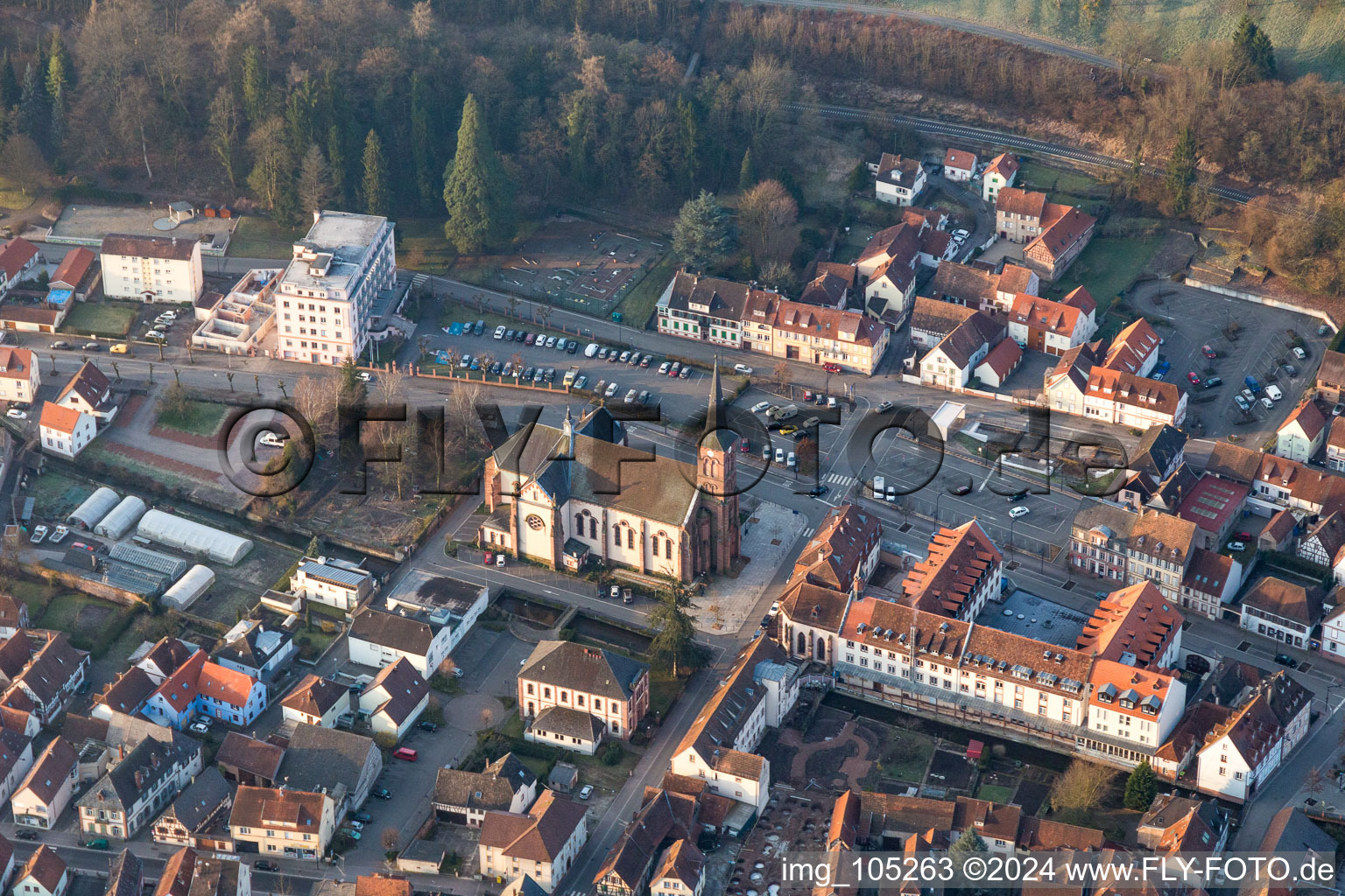 Aerial view of Building and production halls on the premises of the Foundry of NIEDERBRONN in Niederbronn-les-Bains in Grand Est, France