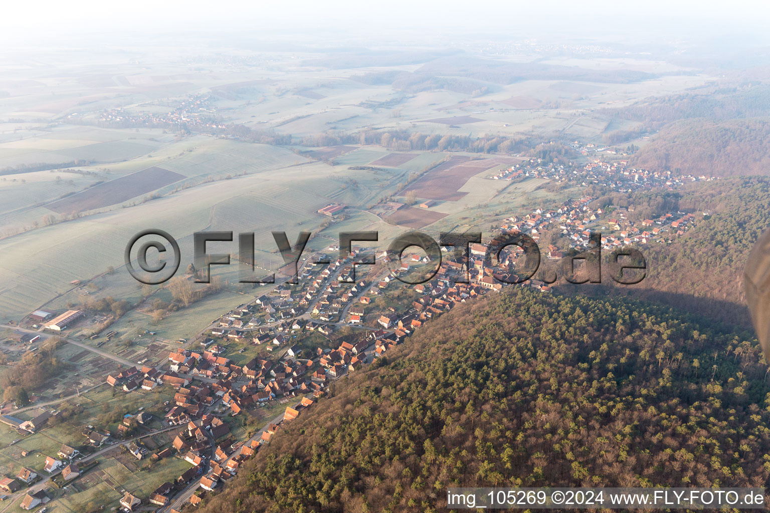 Offwiller in the state Bas-Rhin, France seen from a drone