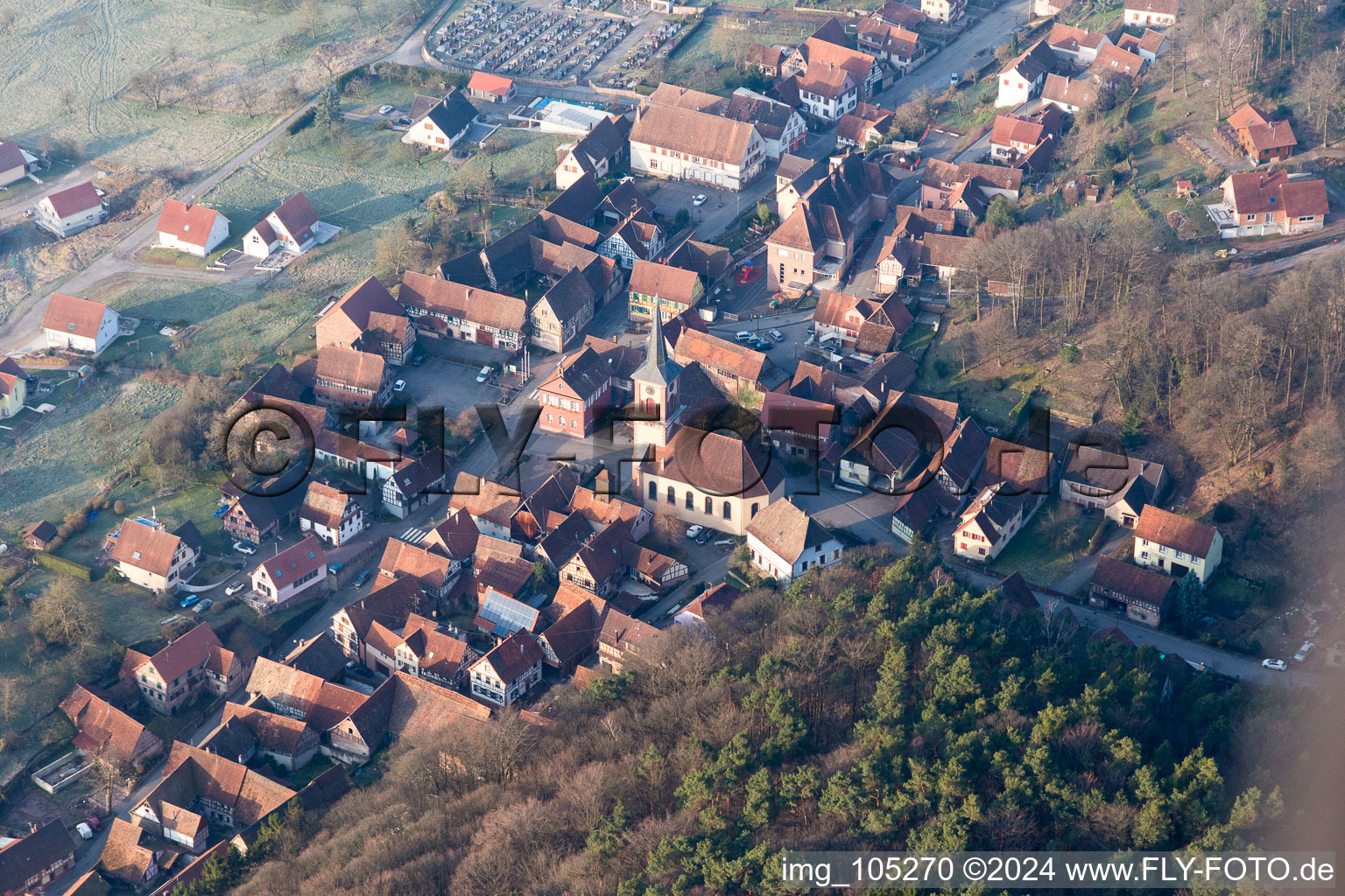 Aerial view of Offwiller in the state Bas-Rhin, France