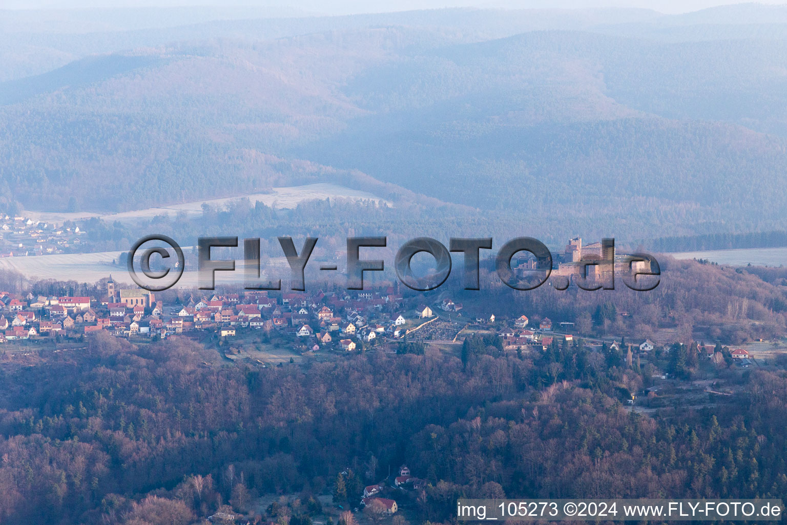 Aerial view of Castle ruins of the Château de Lichtenberg in the Northern Vosges in Lichtenberg in the state Bas-Rhin, France