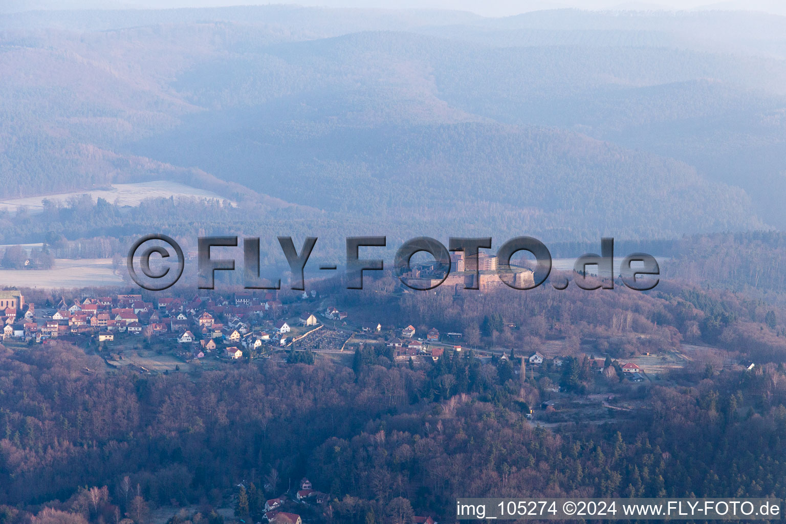 Aerial photograpy of Castle ruins of the Château de Lichtenberg in the Northern Vosges in Lichtenberg in the state Bas-Rhin, France