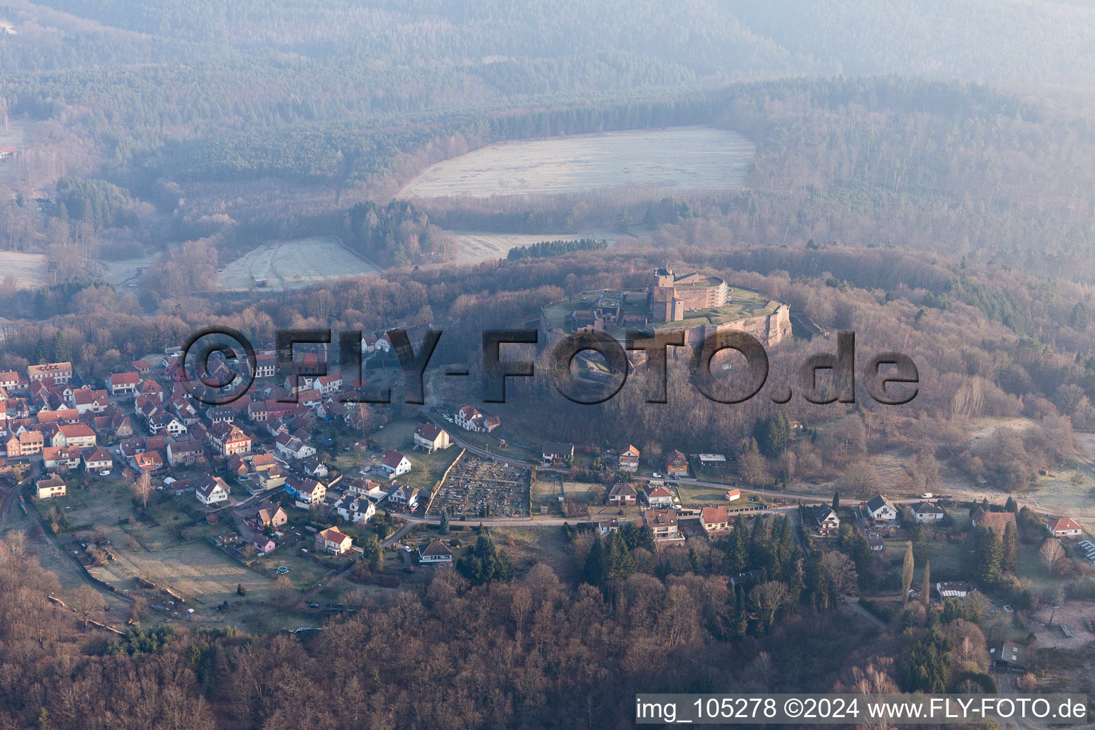 Oblique view of Castle ruins of the Château de Lichtenberg in the Northern Vosges in Lichtenberg in the state Bas-Rhin, France