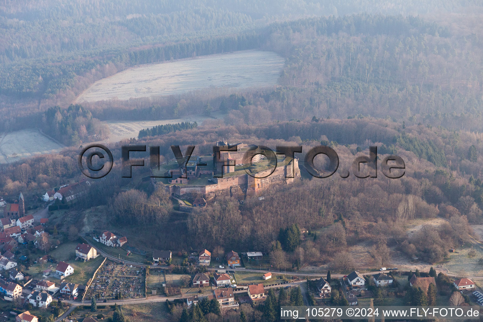 Castle ruins of the Château de Lichtenberg in the Northern Vosges in Lichtenberg in the state Bas-Rhin, France from above