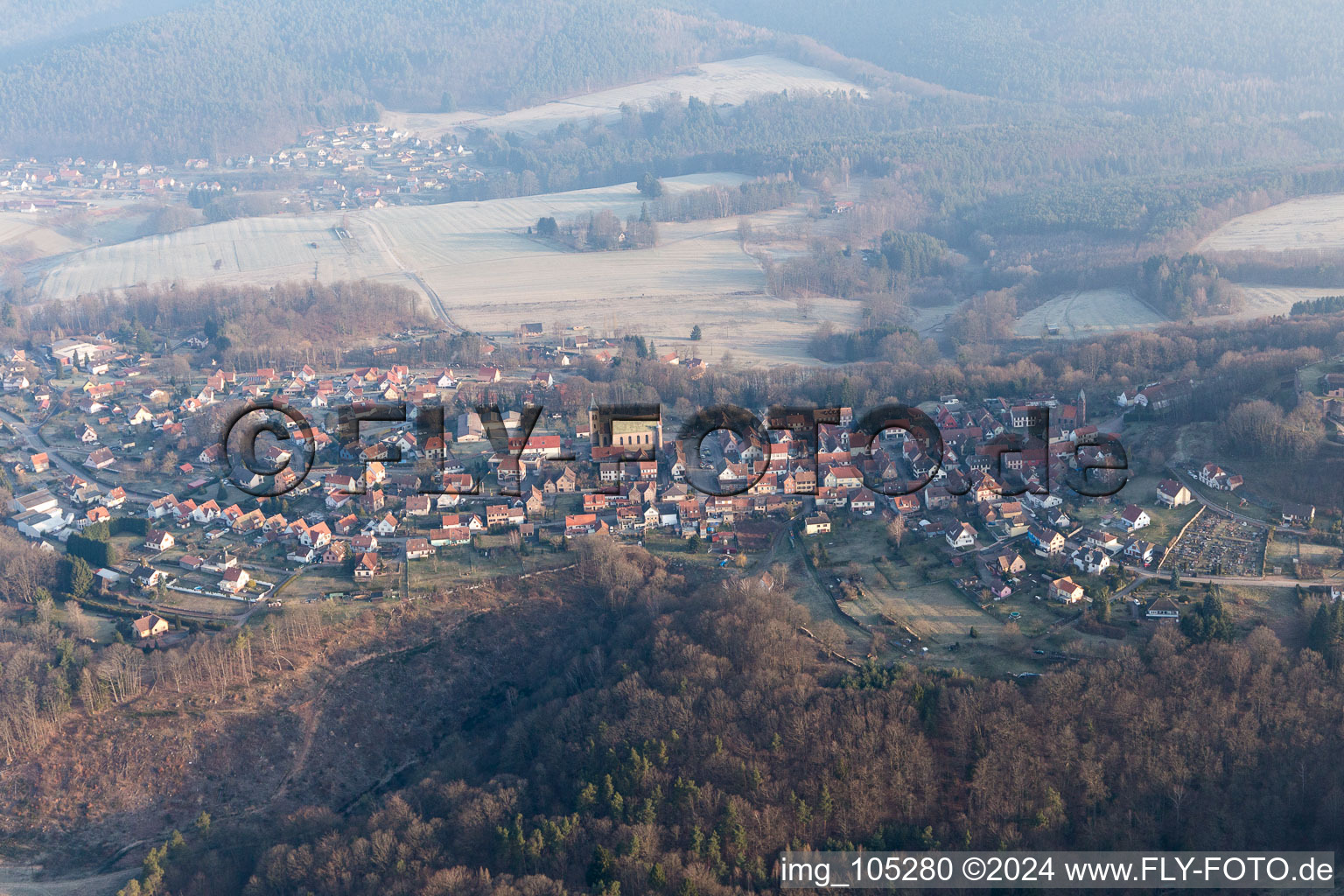 Castle ruins of the Château de Lichtenberg in the Northern Vosges in Lichtenberg in the state Bas-Rhin, France out of the air