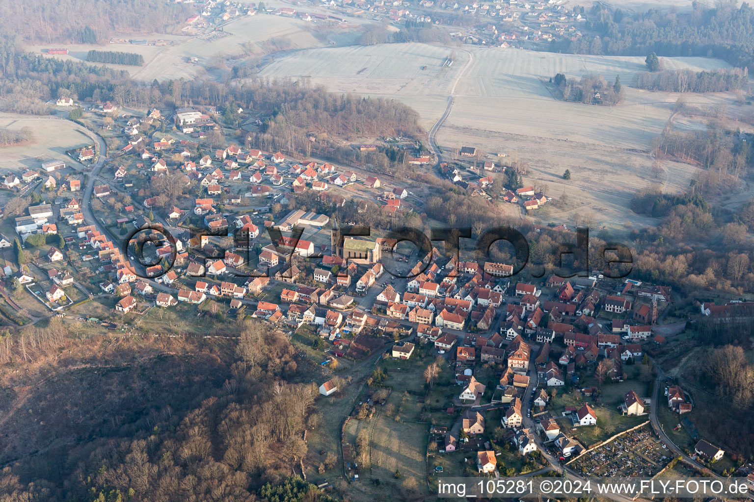 Castle ruins of the Château de Lichtenberg in the Northern Vosges in Lichtenberg in the state Bas-Rhin, France seen from above