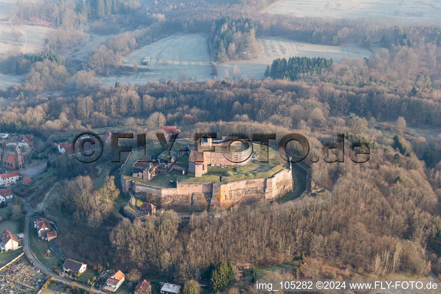 Castle ruins of the Château de Lichtenberg in the Northern Vosges in Lichtenberg in the state Bas-Rhin, France from the plane