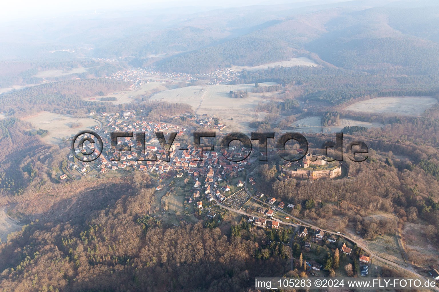 Bird's eye view of Castle ruins of the Château de Lichtenberg in the Northern Vosges in Lichtenberg in the state Bas-Rhin, France