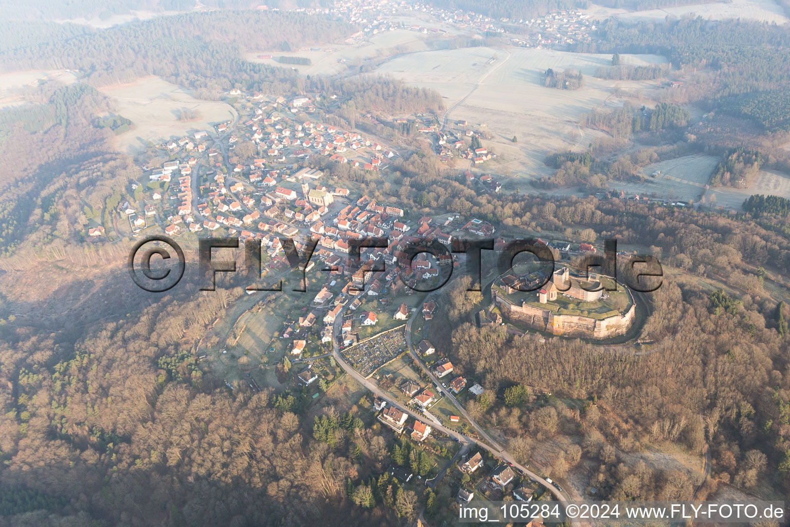 Castle ruins of the Château de Lichtenberg in the Northern Vosges in Lichtenberg in the state Bas-Rhin, France viewn from the air