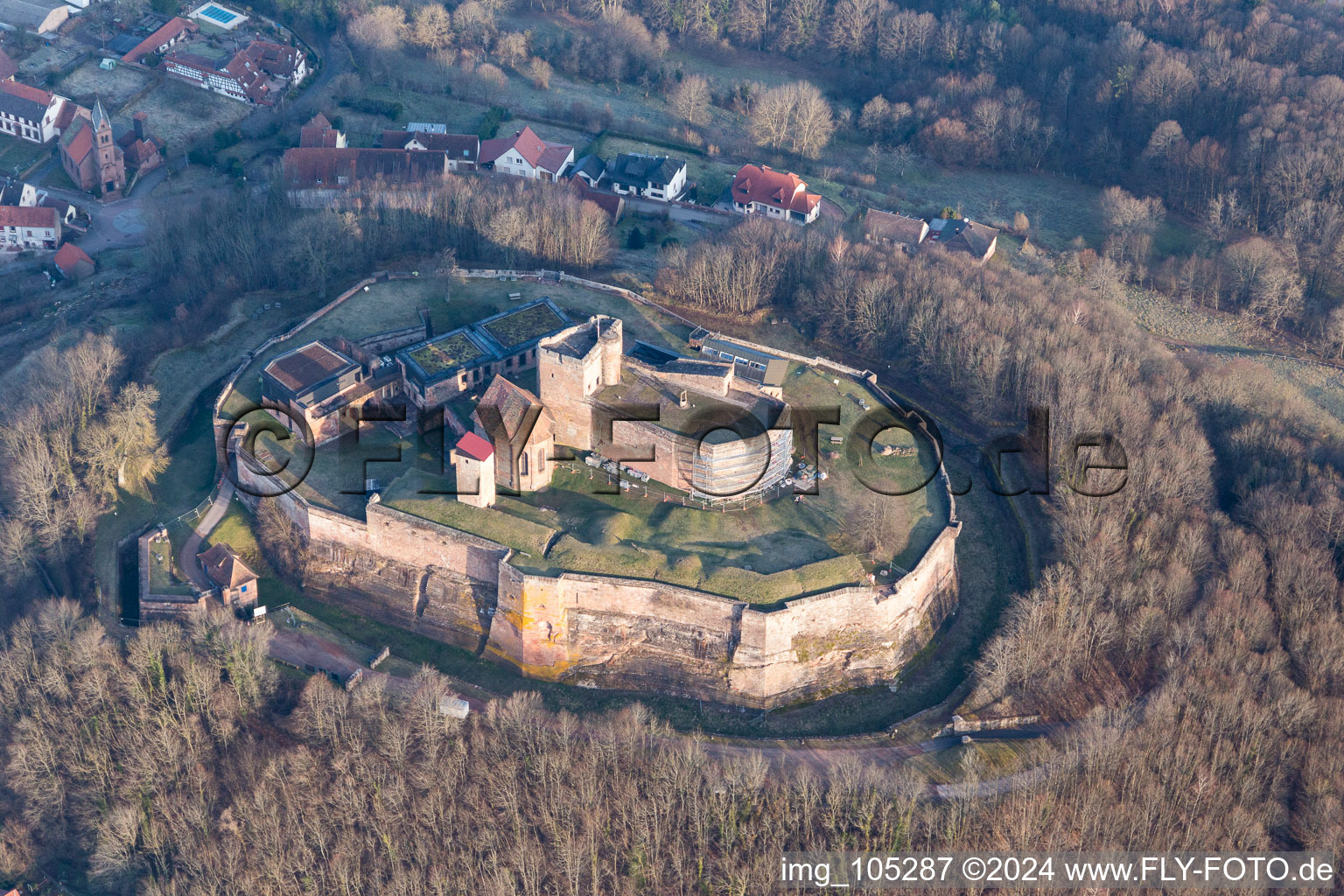 Drone recording of Castle ruins of the Château de Lichtenberg in the Northern Vosges in Lichtenberg in the state Bas-Rhin, France