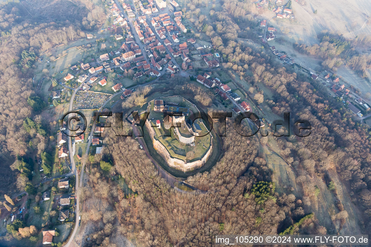 Drone image of Castle ruins of the Château de Lichtenberg in the Northern Vosges in Lichtenberg in the state Bas-Rhin, France